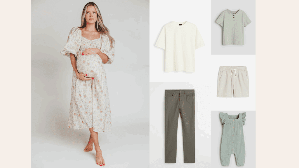 A family session style board featuring a soft floral maternity dress with puff sleeves, coordinated with sage green and cream tones for the rest of the family, including a men's olive pant and a baby's ruffled sage romper.