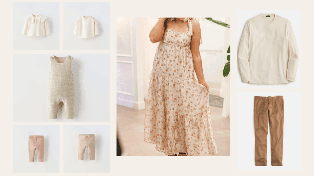 family style board showing mom's dress, dad's outfit and children's outfits. it is a neutral color palette