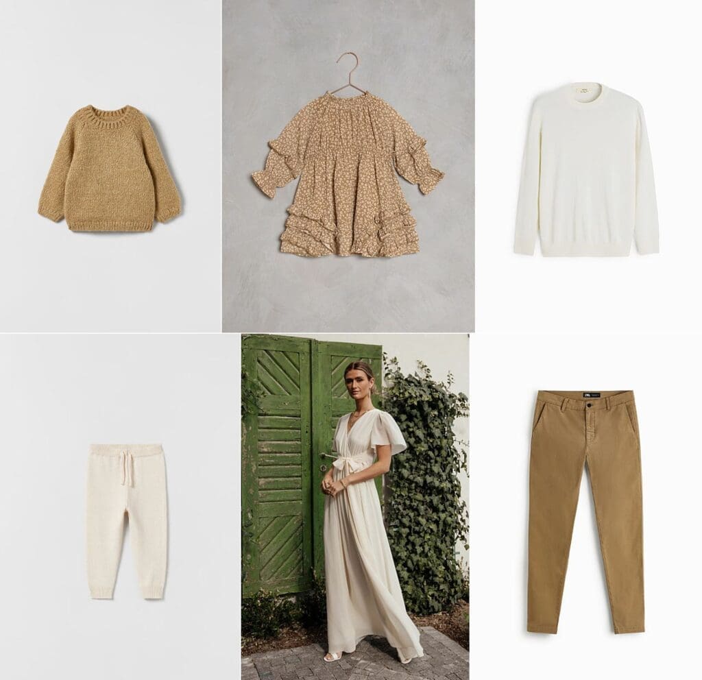 clothing style guide with mom wearing a white flowy dress, children clothes are neutral tones