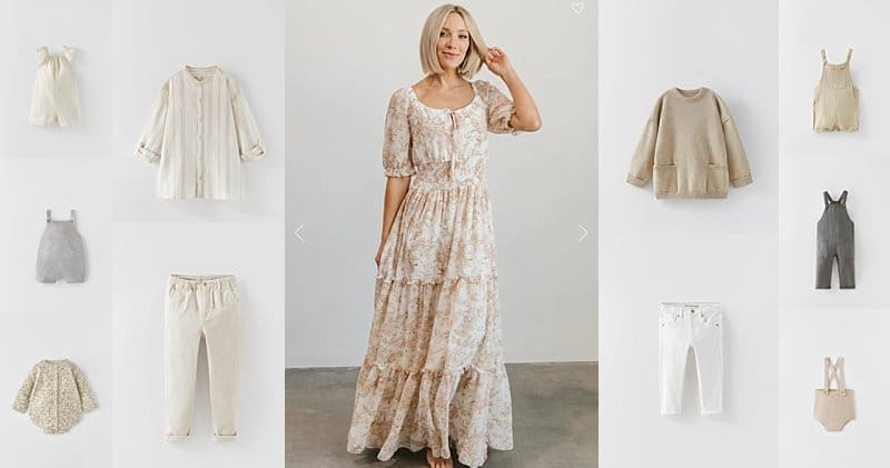 family style board showing mom wearing a long floral dress and the other outfits for the family that would coordinate well with mom's outfit.