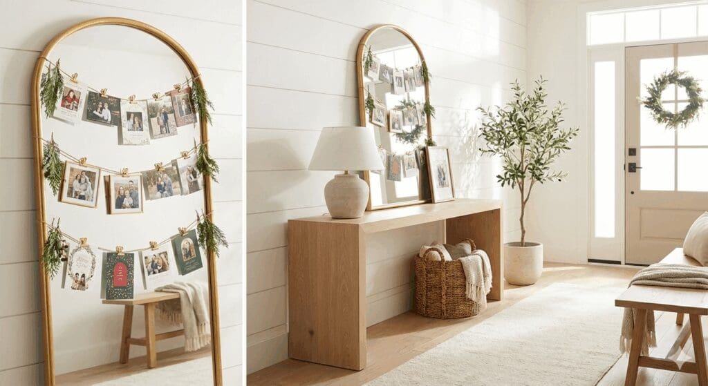 Floor-length gold arched mirror in a modern farmhouse entryway used as a multi-tier holiday card holder with evergreen sprigs.