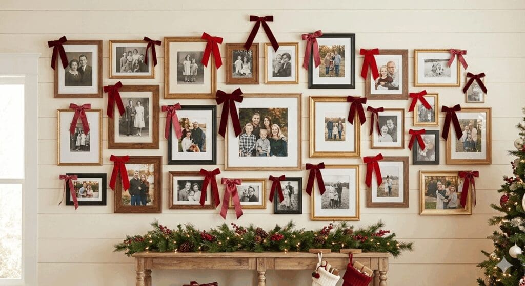 Extensive family portrait gallery wall featuring a mix of black, gold, and wood frames decorated with festive burgundy bows.
