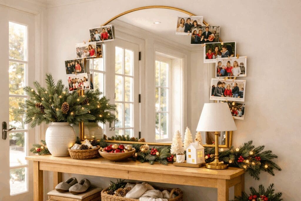 A bright, airy entryway featuring a holiday-themed console table and a large mirror display for family Christmas cards.