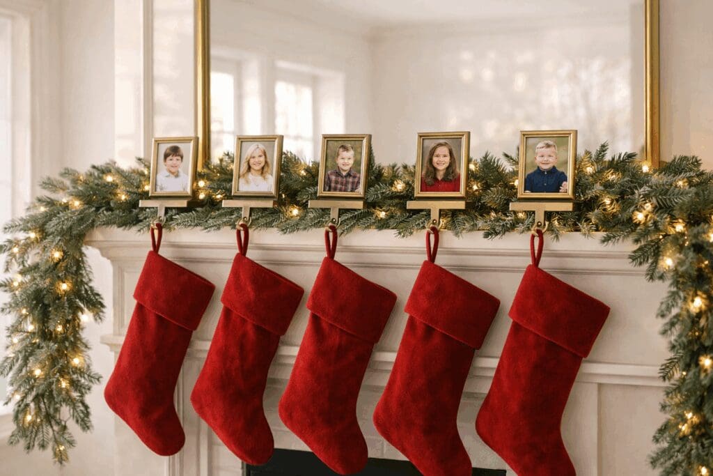 Five red velvet Christmas stockings hanging from a fireplace mantle with personalized portrait frames used as stocking holders.