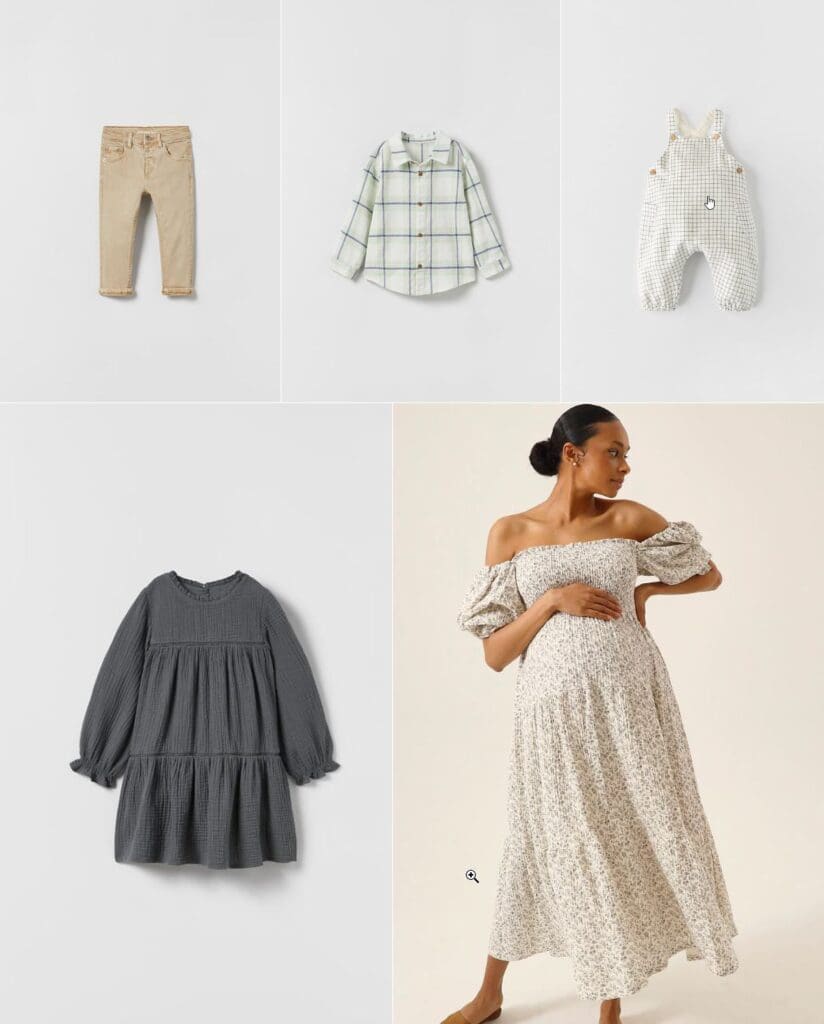 A maternity style board for a winter photoshoot featuring a mother's off-the-shoulder floral maxi dress, a grey textured girl's dress, and coordinated neutral outfits for a baby and toddler including tan pants and a plaid button-down shirt.